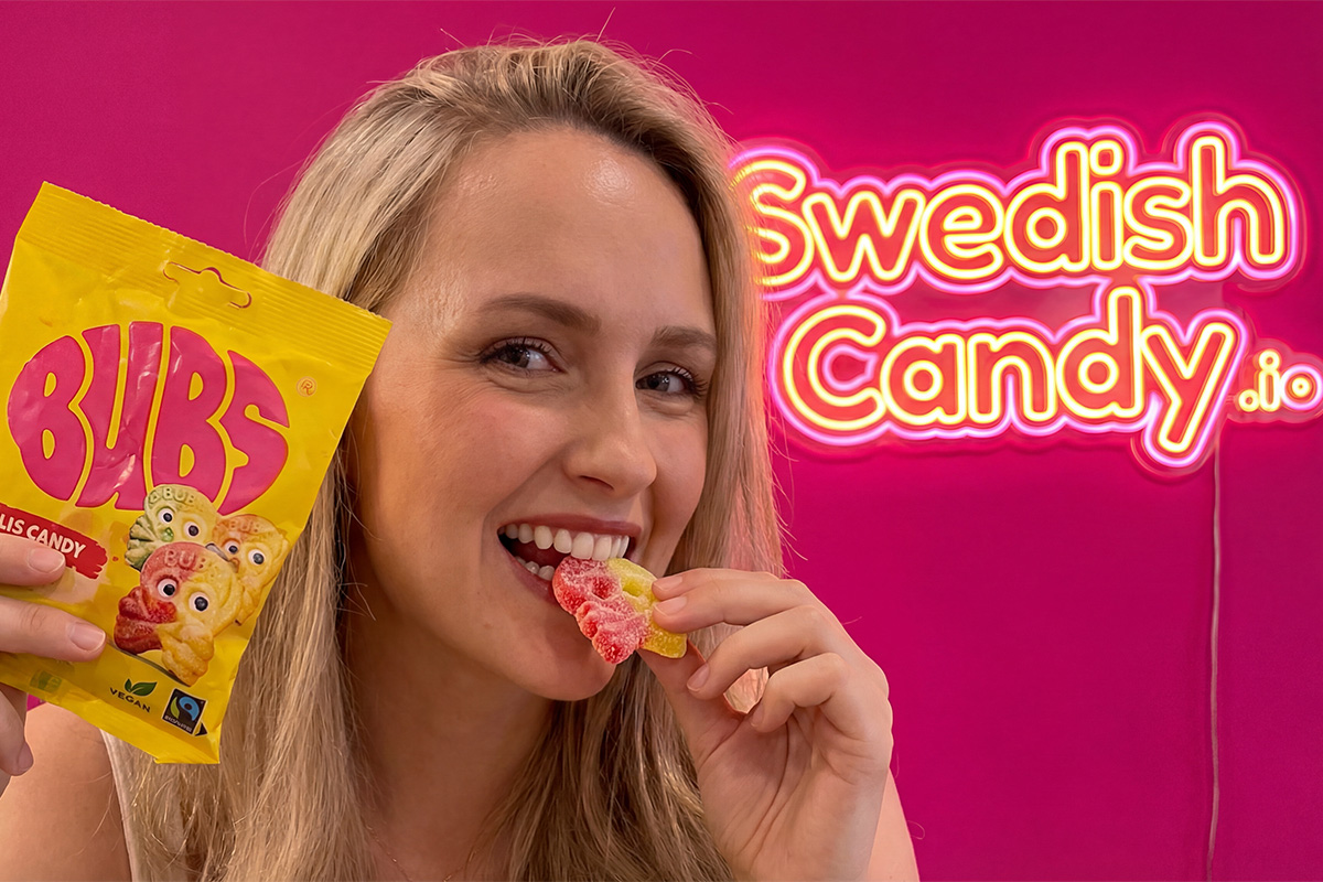 Buy BUBS candy US — assorted Swedish BUBS candy bags on display