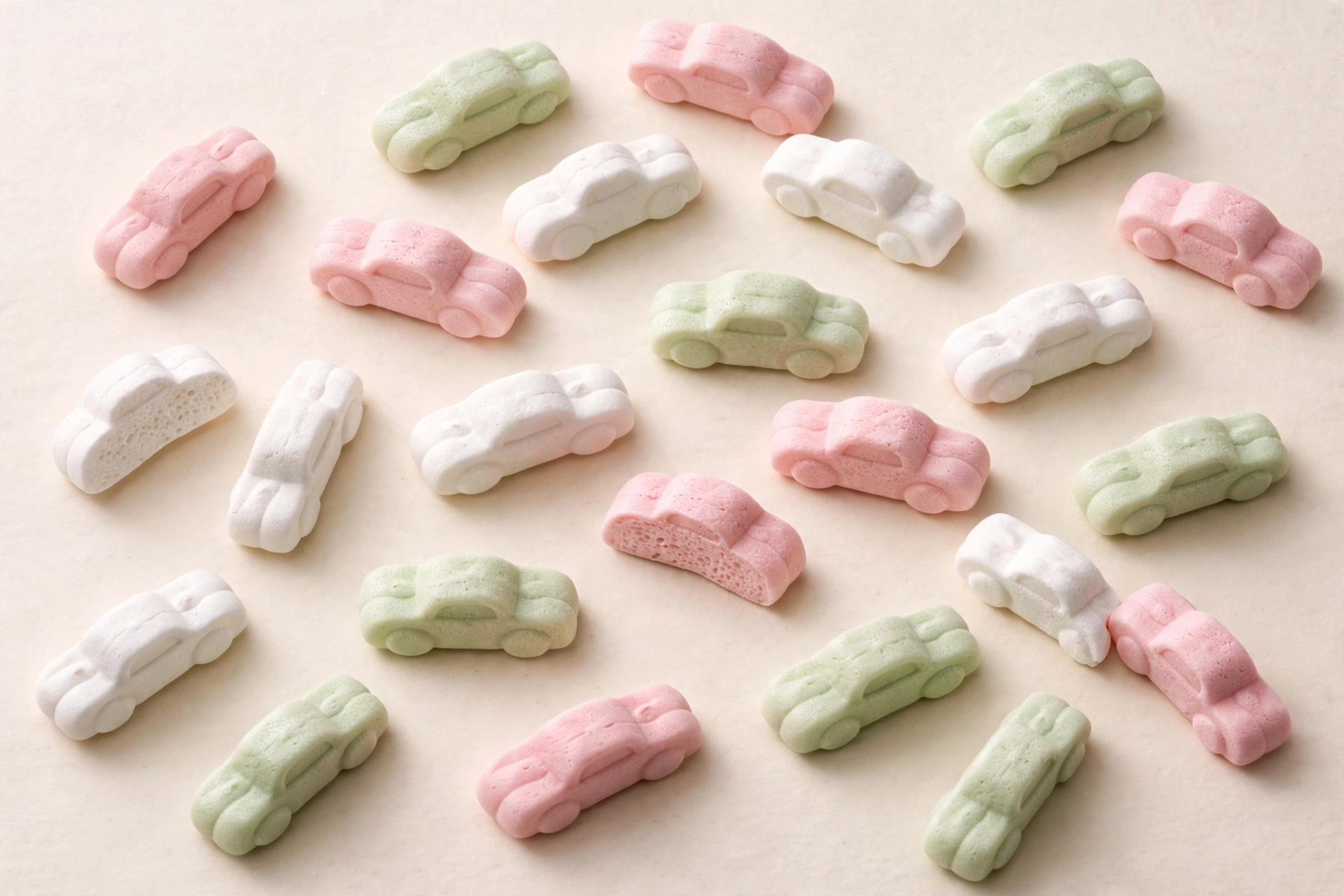Ahlgrens Bilar candy cars in pink, green and white.