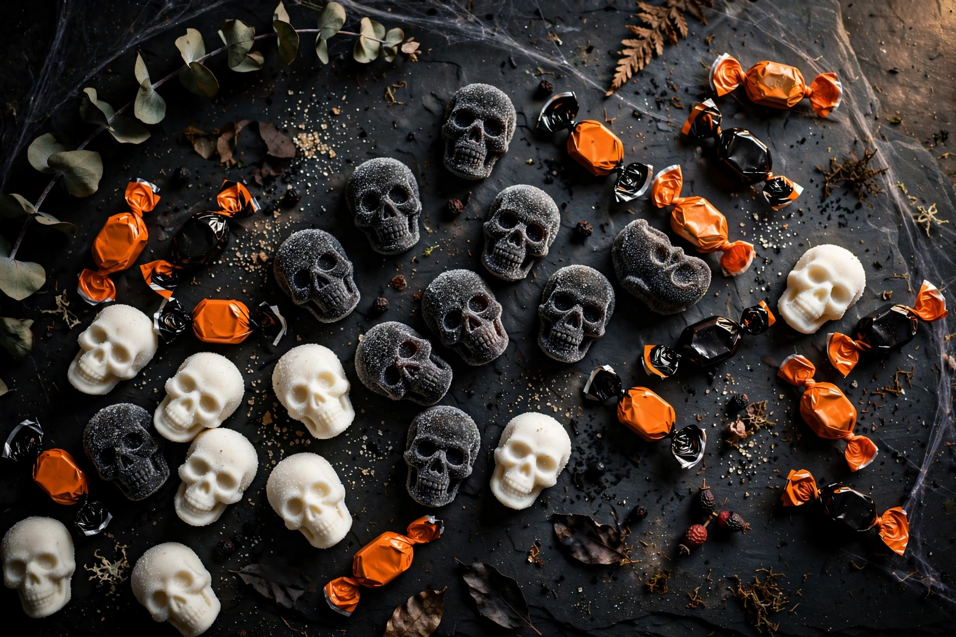 Skull-shaped Swedish candy and Halloween sweets on a dark background