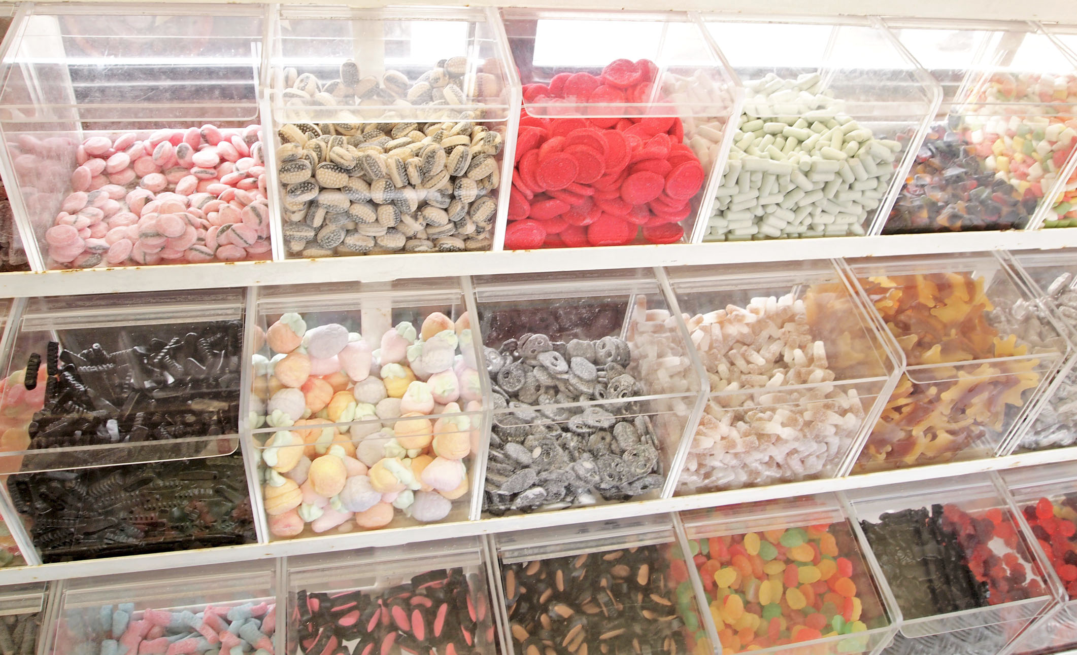 Swedish loose candy in a pick-and-mix display, like at Bliss Swedish Candy in Southington, Connecticut