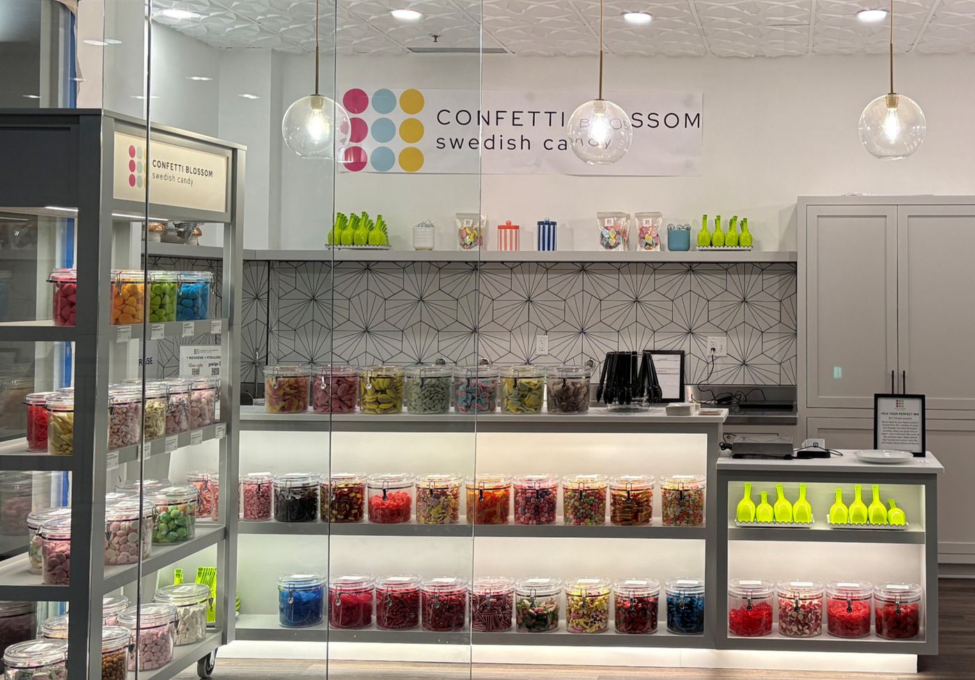 Pick-and-mix candy bar with over 100 Swedish candy varieties at Confetti Blossom Sweets in Minneapolis, Minnesota