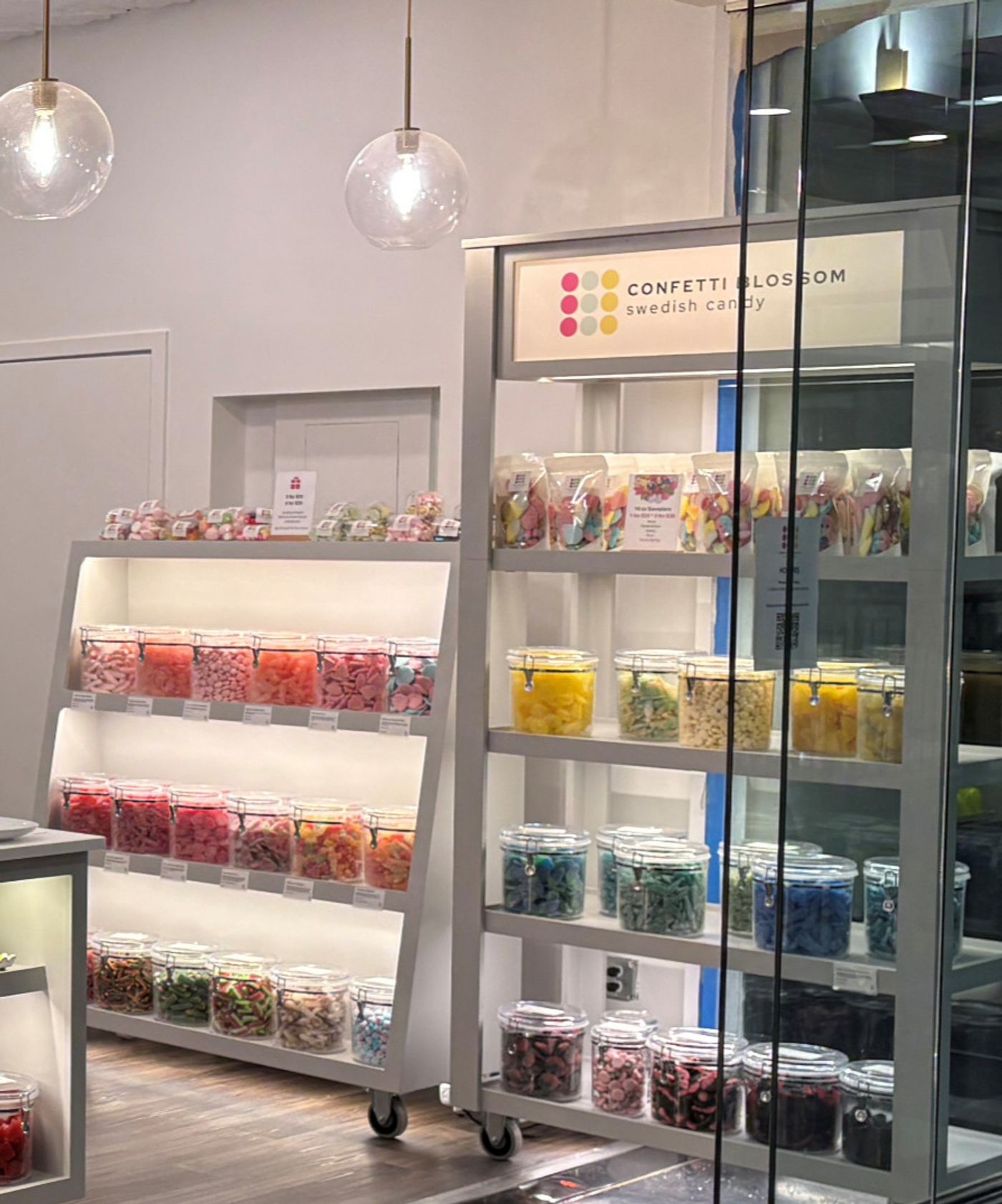 Confetti Blossom Sweets storefront in the LaSalle Plaza skyway in Minneapolis, Minnesota, the only dedicated Swedish candy store in the state