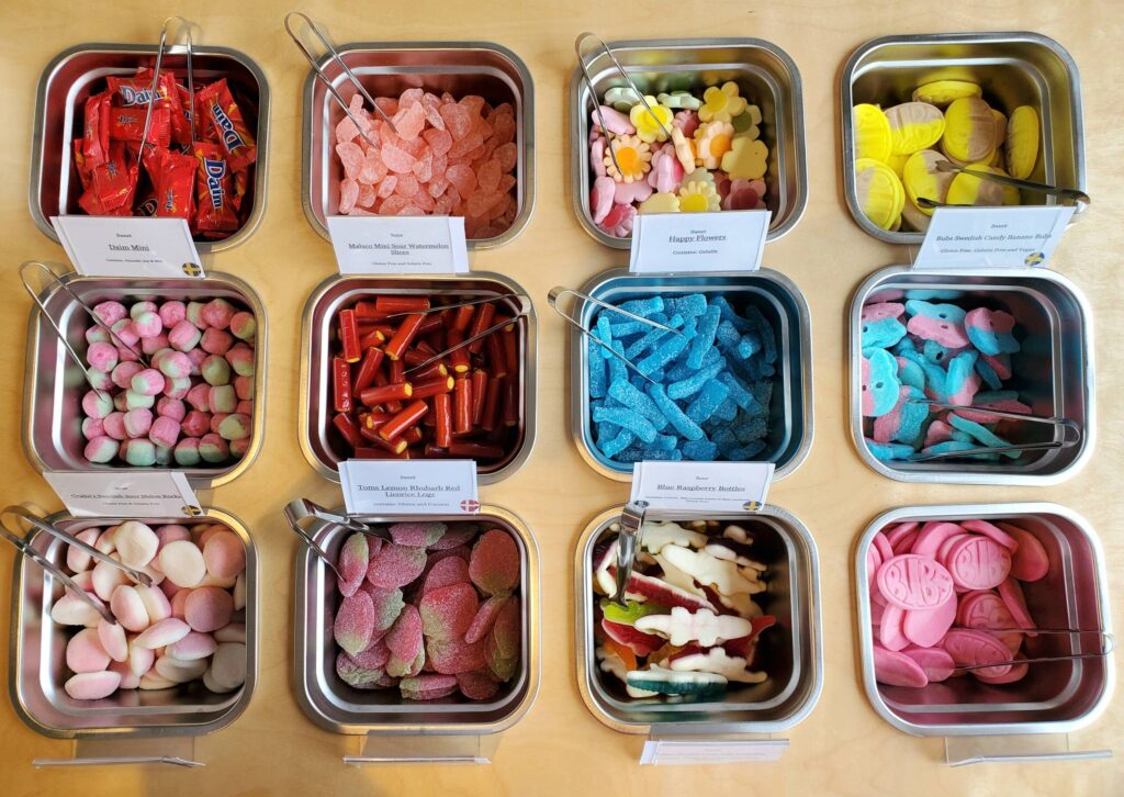 Pick-and-mix candy bins at Sødt Nordic Candy in Portland, Maine