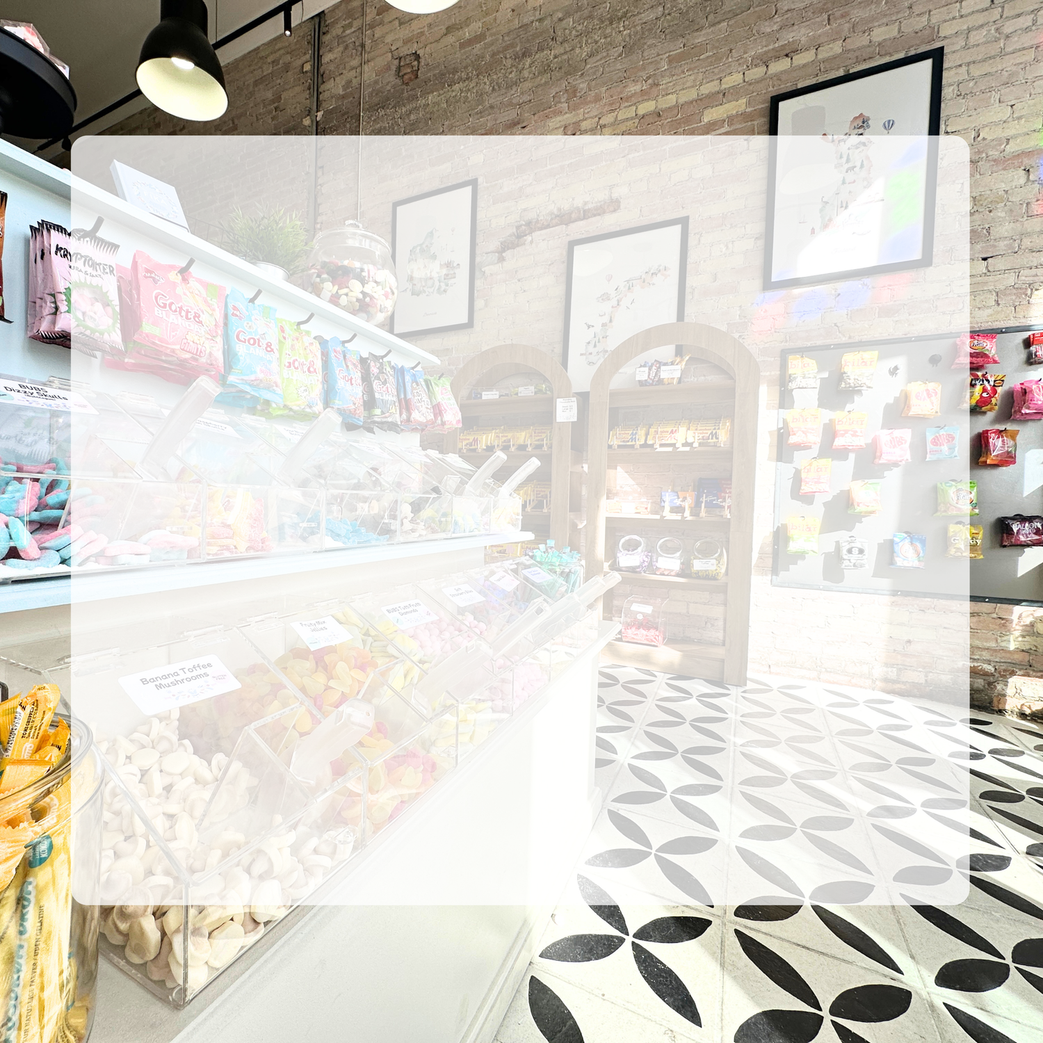 Inside the Swedish Moose Candy Co store in American Fork, Utah - Swedish pick-and-mix bins and wall of packaged candy