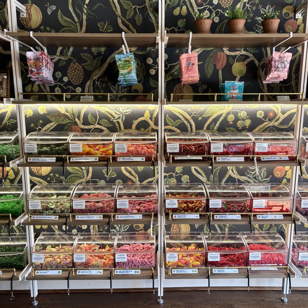 Colorful pick-and-mix candy bins inside Trolley Car Sweets and Treats, Richmond Virginia Swedish candy store